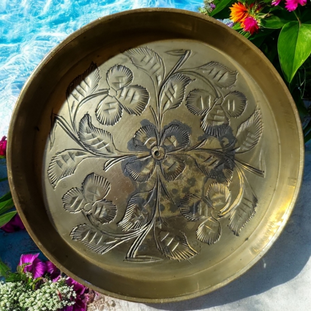 Vtg 70's Handcrafted India Floral Etched Brass Drink Coaster (#2)